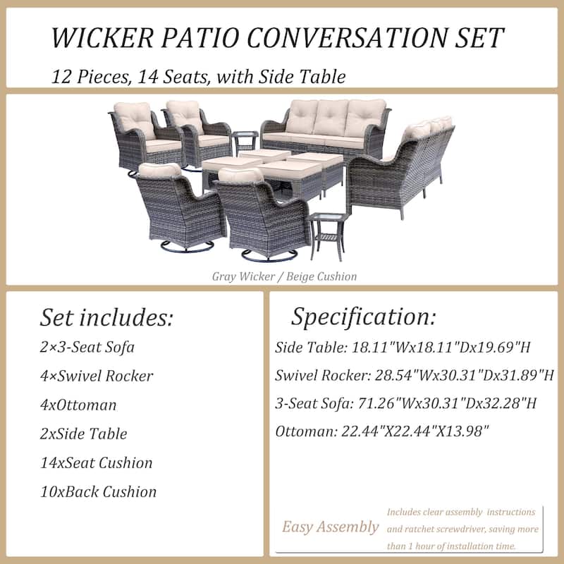 12 Piece Outdoor Wicker Patio Furniture Seating Set with Swivel Chairs