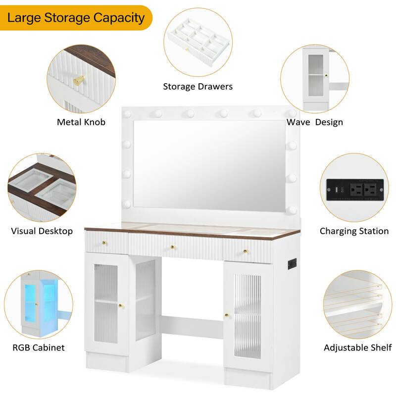 43.3" Makeup Vanity with Mirror,Glass Top,Drawers and Power Outlet