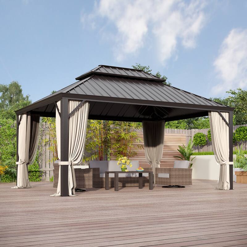 MAISON ARTS 14x20' Hardtop Aluminum Galvanized Steel Double Roof Gazebo with Netting & Curtains