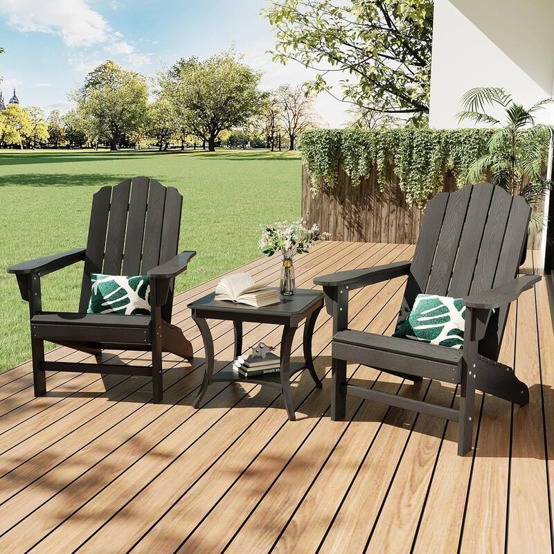 Set of 2 HDPE Adirondack Patio Chairs for Garden, Deck, Backyard, Poolside - Black