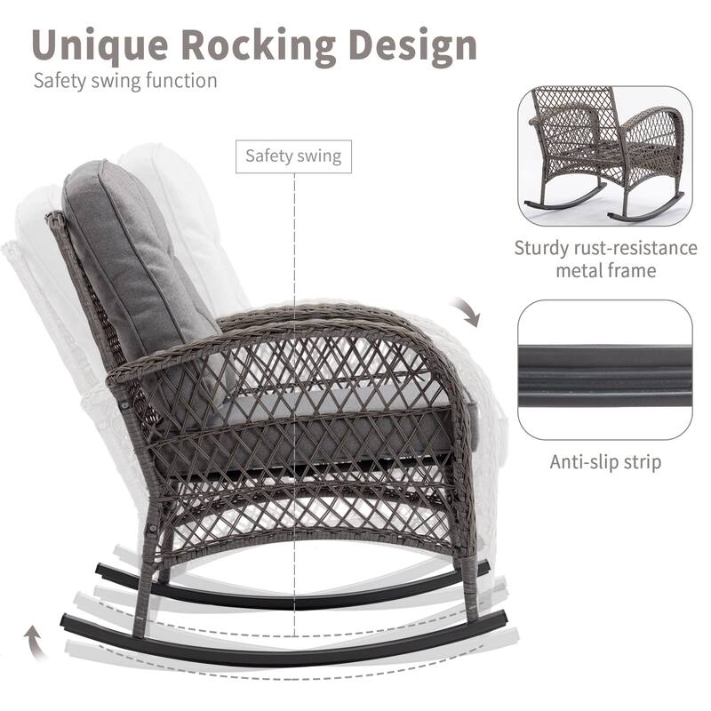 3 Pieces Outdoor Swivel Rocker Chairs, 360 Degree, Thickened Cushions & Glass Coffee Table