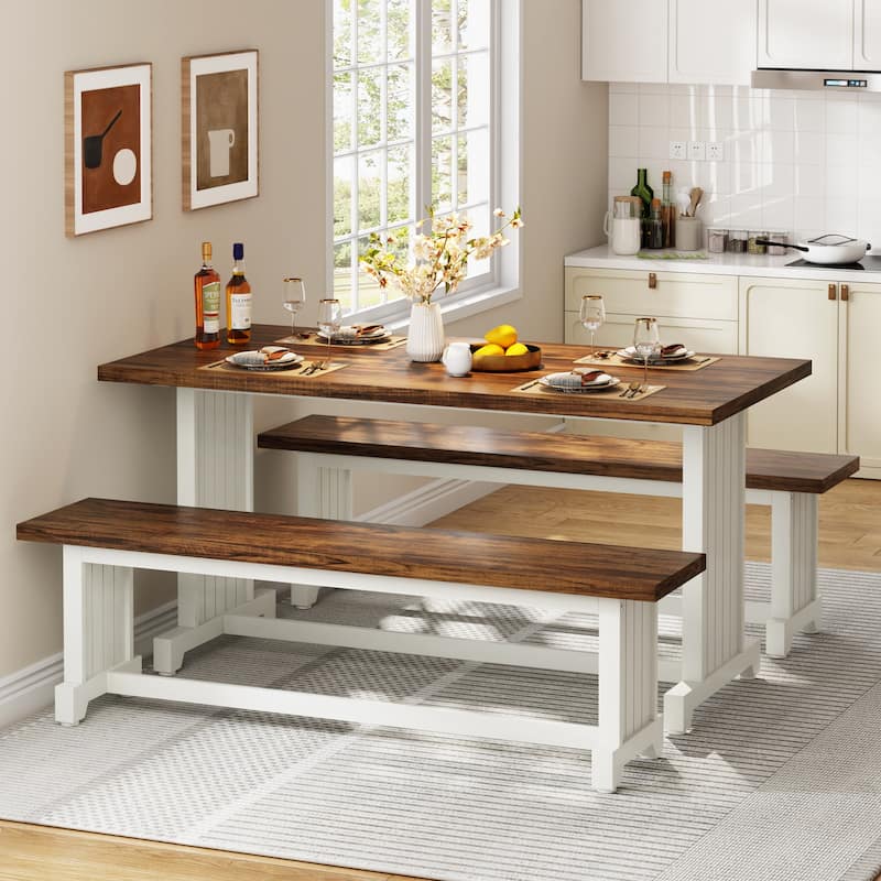 47 Inches Farmhouse Wood 3-piece Small Dining Table with 2 Benches