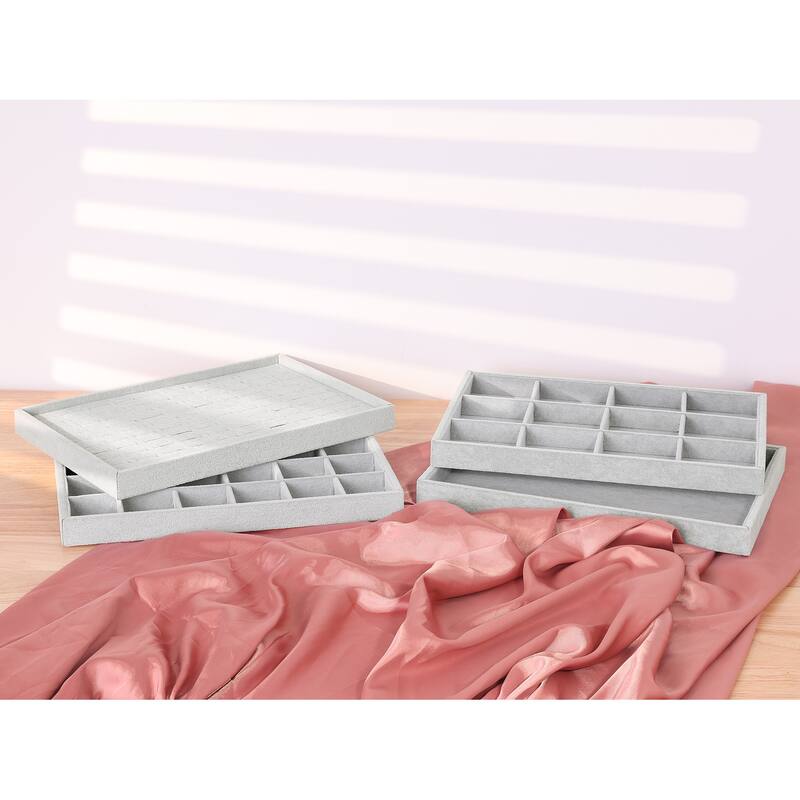 Set of 2 Stackable Velvet Jewelry Organizer Trays with Removable Dividers for Drawers, Jewelry Organizer Inserts Container