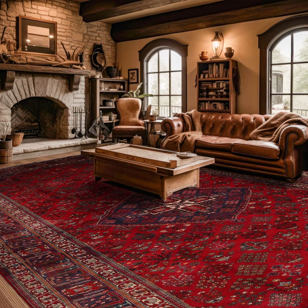 Hand Knotted Red, Indigo 100% Wool Traditional Oriental Area Rug - 9' 9'' x 19' 4''