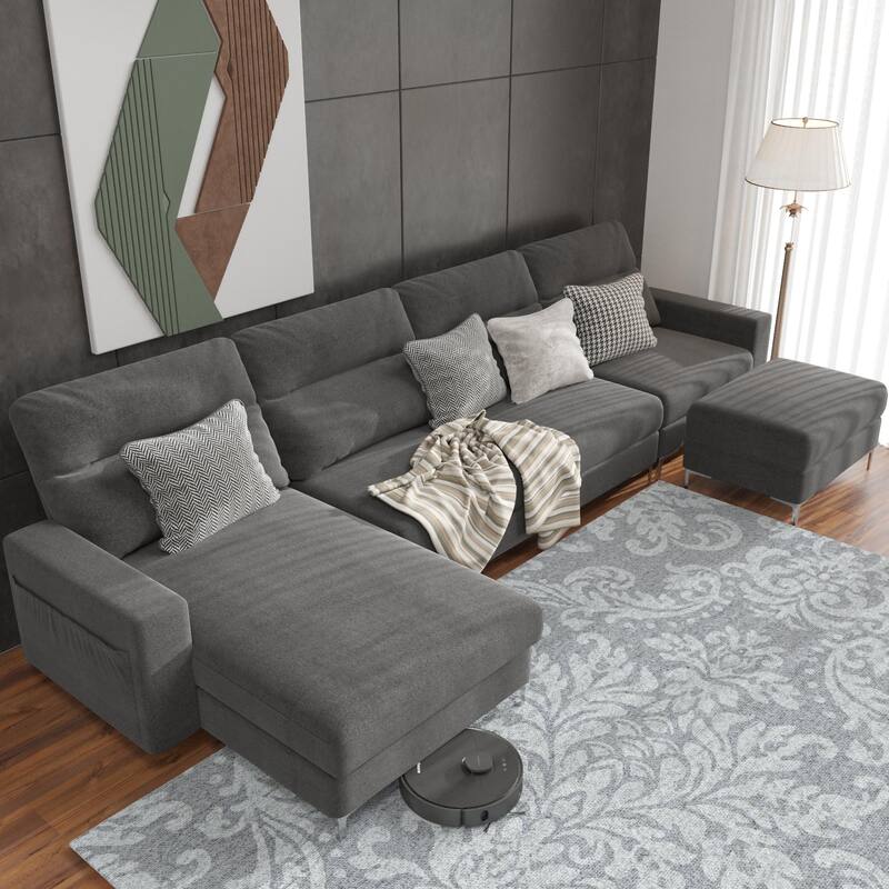 Furniwell U-Shaped Sofa with Upholstered Stool Convertible Combination Linen Sofa,Dark Grey