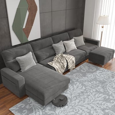 Furniwell U-Shaped Sofa with Upholstered Stool Convertible Combination Linen Sofa,Dark Grey