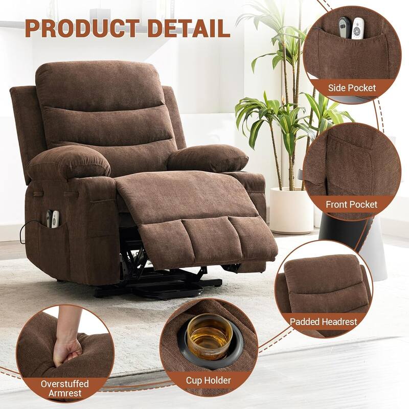 Oversized Electric Power Lift Recliner Chair, Recliners for Elderly With Heat and Massage - Brown