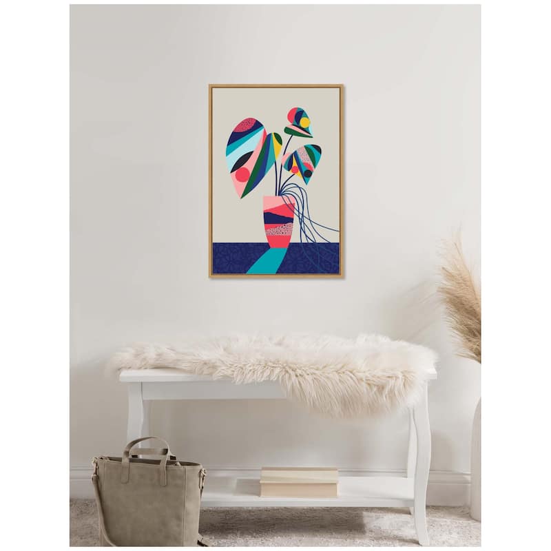 Kate and Laurel Sylvie MCM Blue and Pink Monstera Framed Canvas by Rachel Lee