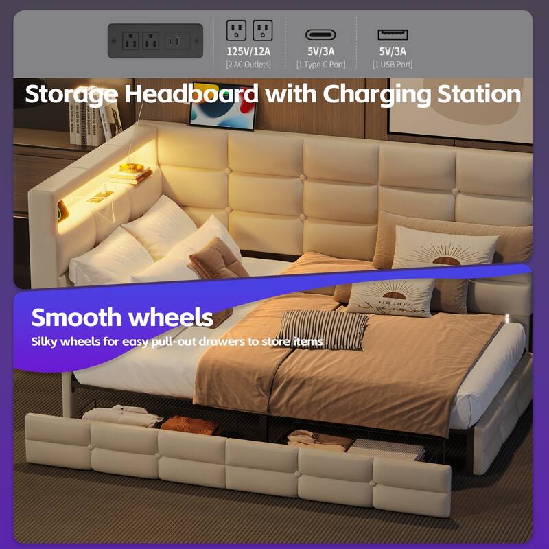 Daybed with 2 Drawers, Upholstered Daybed with Charging Station & LED Lights, Sofa Bed Frame with Storage Headboard