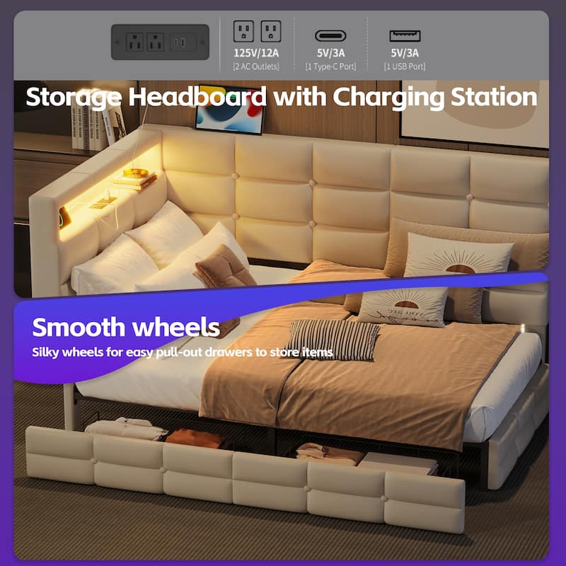 Modern Twin Daybed with Built-in Charging Station, LED Headboard Lights, and Storage Drawers