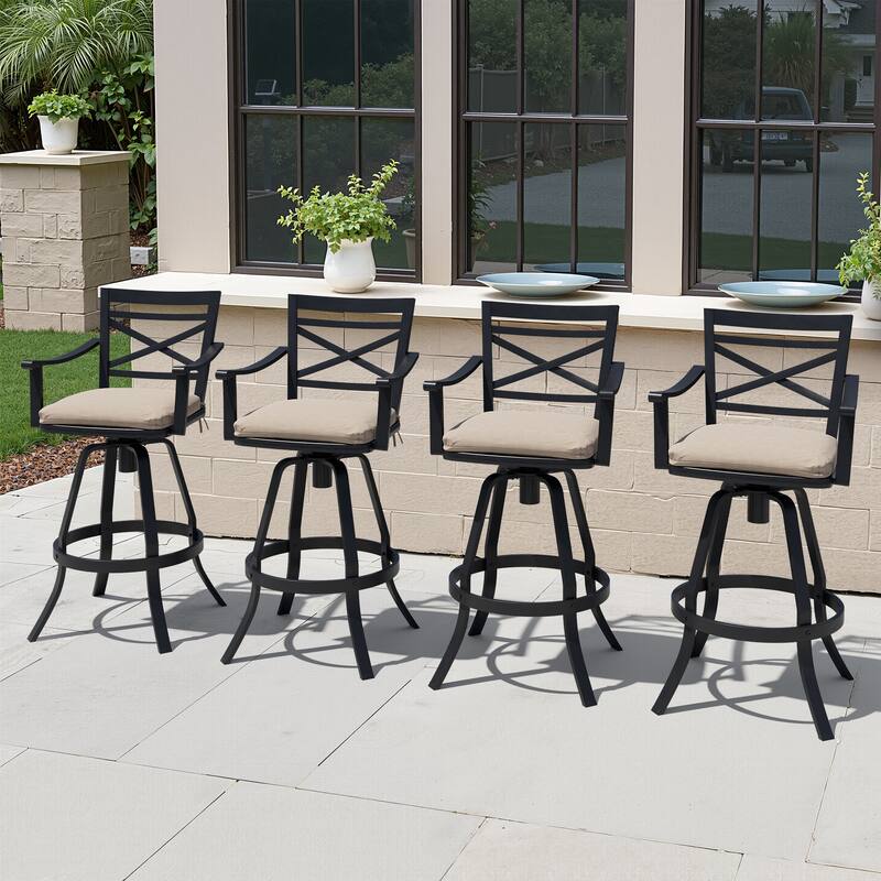 Outdoor Aluminum Swivel Bar Stools with Sunbrella Cushion - Canvas Antique Beige Cushion - 4PC