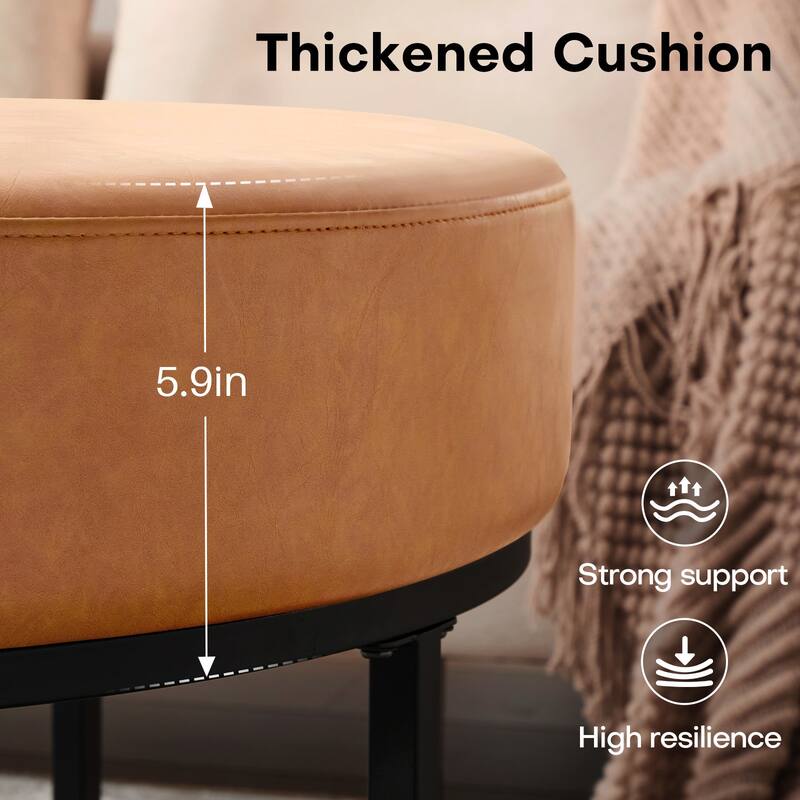 Faux Leather Round Ottoman for Living Room with Metal Legs