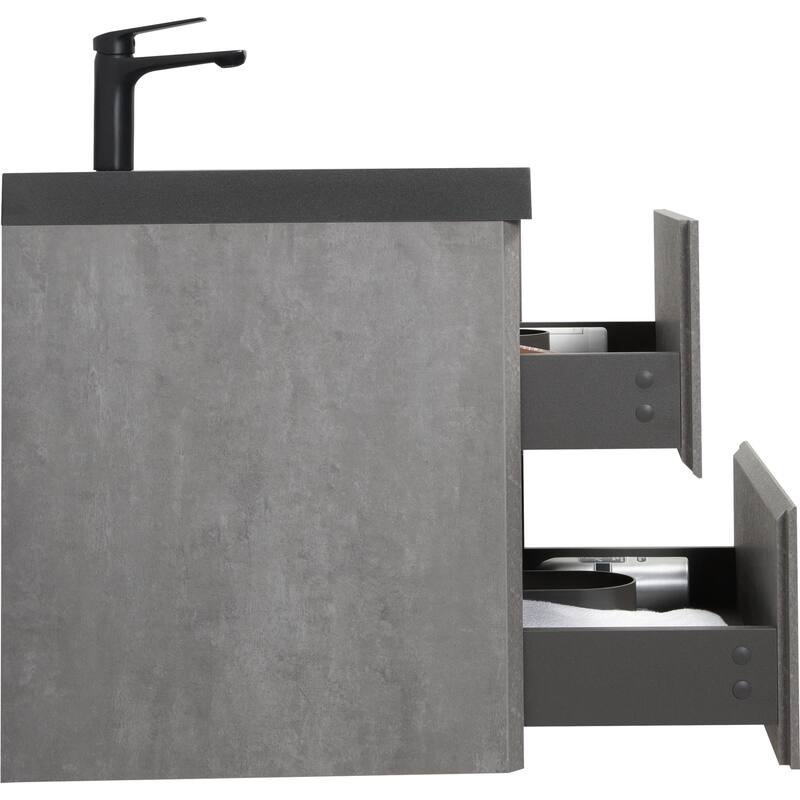 Wall-Mounted Bathroom Vanity with Gray Storage Cabinet, Matte Black Quartz Sand Sink, Soft-Close Hinges - 23.62in L Melamine