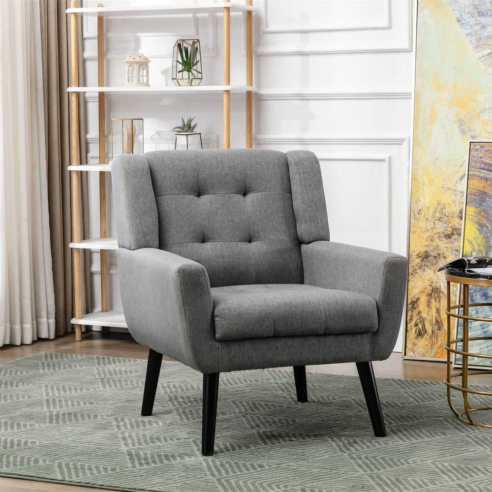 Linen Fabric Upholstered Accent Chair, Single Sofa Club Chair, Leisure Armchair with Curved Backrest and Tapered Legs