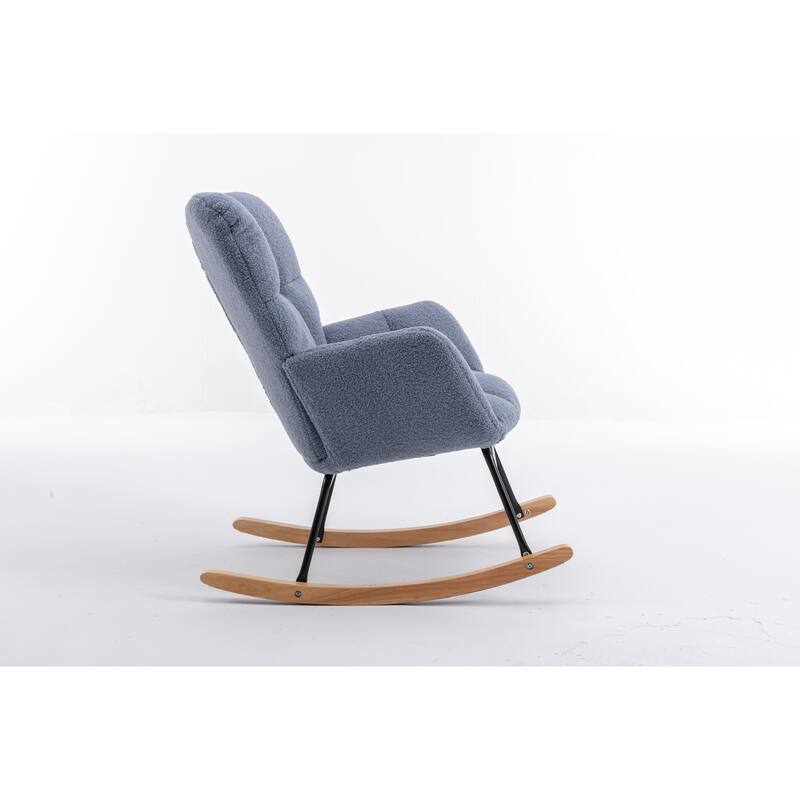 Light Blue Teddy Modern 31.5" High Back Upholstered Buttons Tufted Rocking Chair with Solid Wood Legs and Metal Base