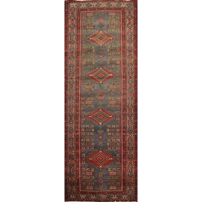 Hand Knotted Oriental 100% Wool Carpet Traditional Geometric Navy Blue & Blues Heriz Runner Rug - 10' 6'' X 3' 8''