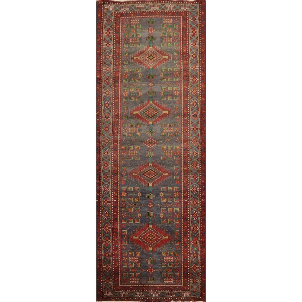 Hand Knotted Oriental 100% Wool Carpet Traditional Geometric Navy Blue & Blues Heriz Runner Rug - 10' 6'' X 3' 8''