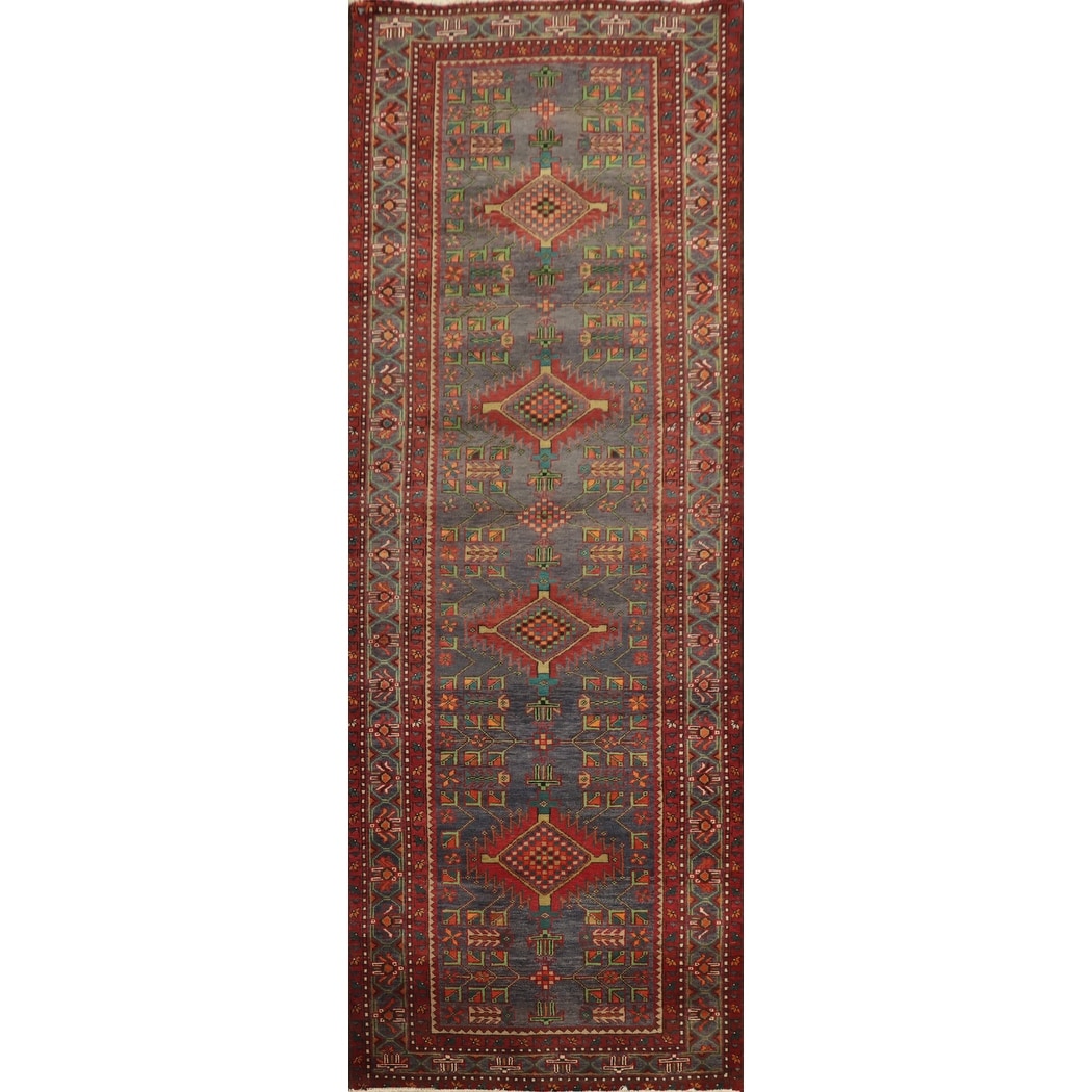 Hand Knotted Oriental 100% Wool Carpet Traditional Geometric Navy Blue & Blues Heriz Runner Rug - 10' 6'' X 3' 8''