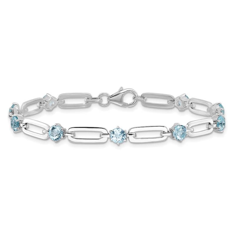 Curata 925 Sterling Silver 7.5" Rhodium or Gold Plated Genuine Gemstone Paperclip Bracelet - Blue Topaz - White