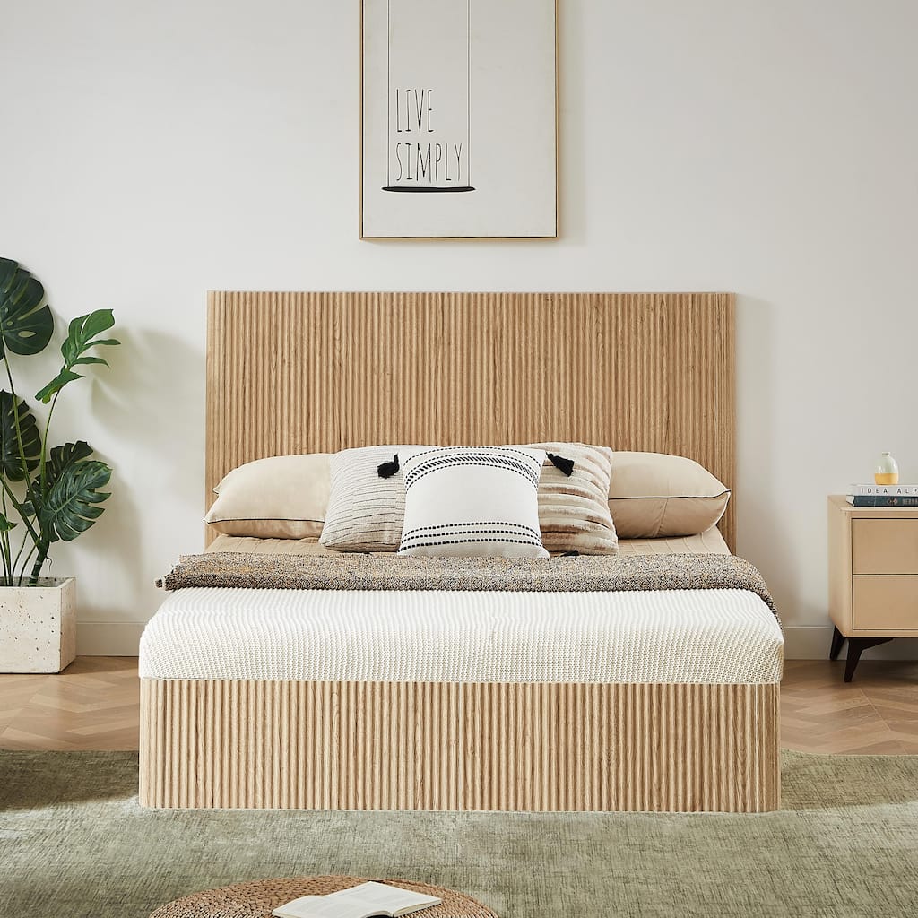 Queen Size Lift-Up Storage Bed Frame with Wooden Corrugated Curved Lines