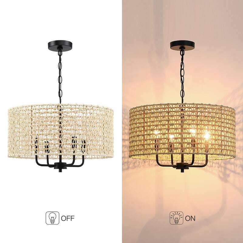 20 in. 4-Light Rattan Tiered Drum Chandelier Light with Black Canopy