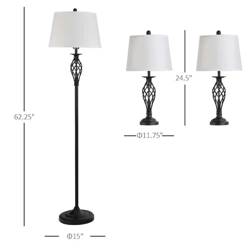 3 Piece Table Floor Lamp Set with Metal Pole, Round Base, and Fabric Lampshade, for Living Room - White