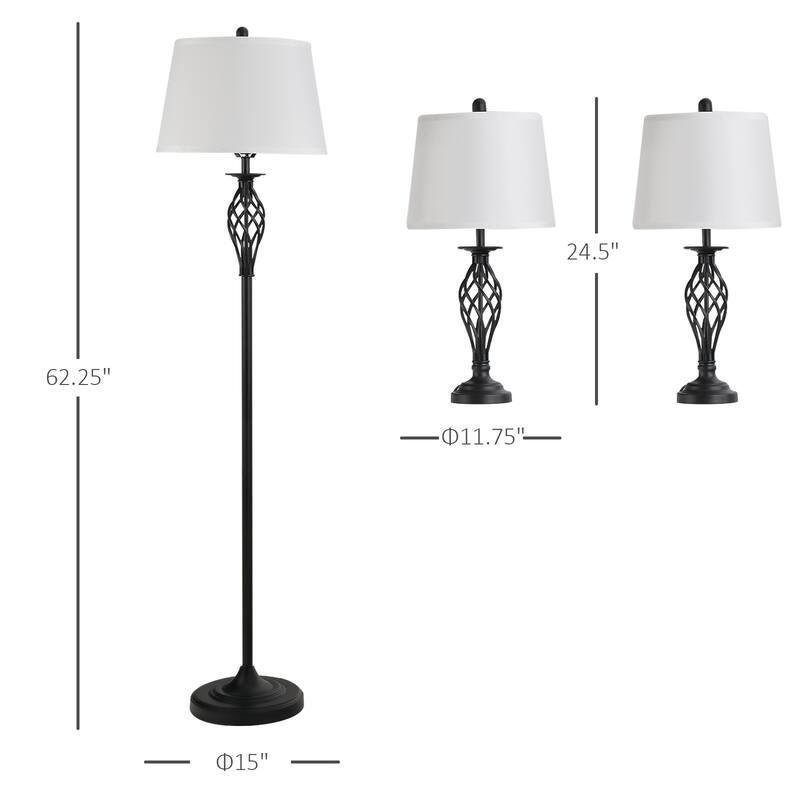 HOMCOM 3 Piece Table Floor Lamp Set with Metal Pole, Round Base, and Fabric Lampshade