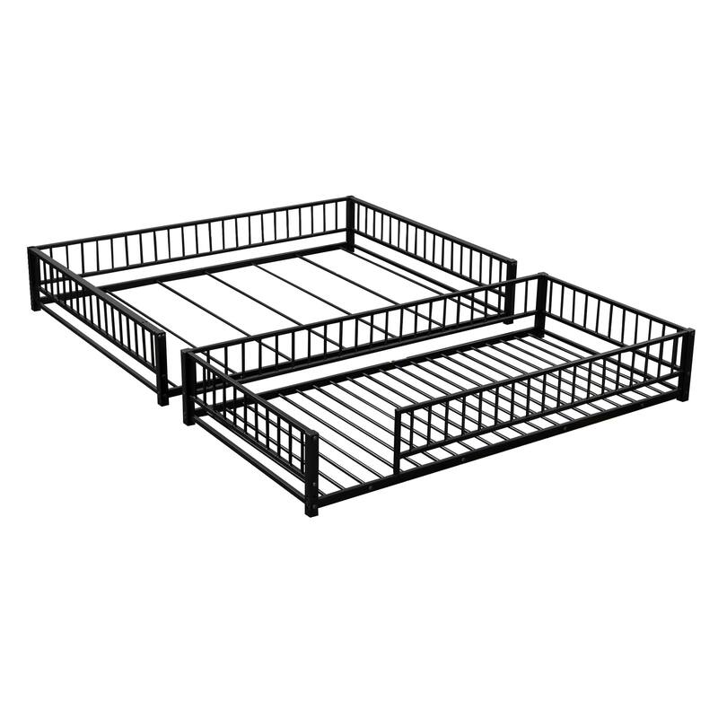 Roomfitters Twin/Full XL over Queen Floor Bunk Bed Frame with Ladder and Safety Guardrails Easy Assembly, Black