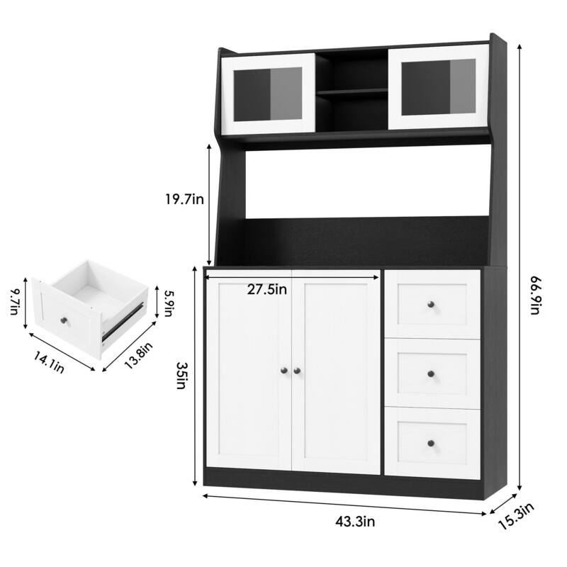 67" Tall Kitchen Hutch Storage Cabinet, Farmhosue Coffee Bar Cabinet with 3 Drawers