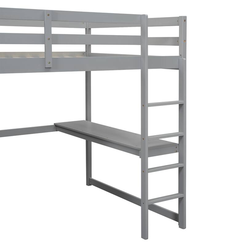 Full Size Loft Bed with Built-in Wardrobe, Desk, Storage Shelves and Drawers, Gray