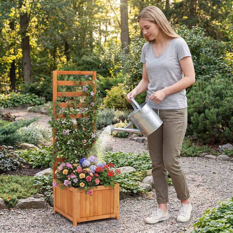 Gymax 48'' Wood Raised Garden Bed w/Trellis Drainage Holes & Gaps for