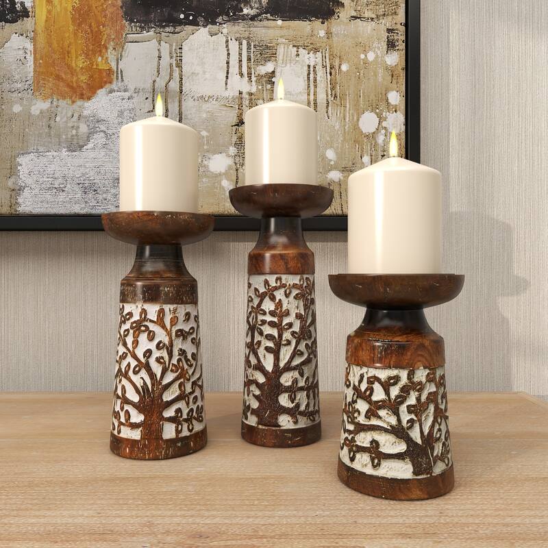Brown Mango Wood Coastal Candle Holder (Set of 3)