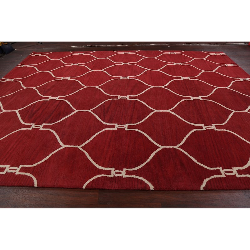 Red Trellis Oriental Contemporary Area Rug Hand-tufted Wool Carpet - 9'0" x 12'0"
