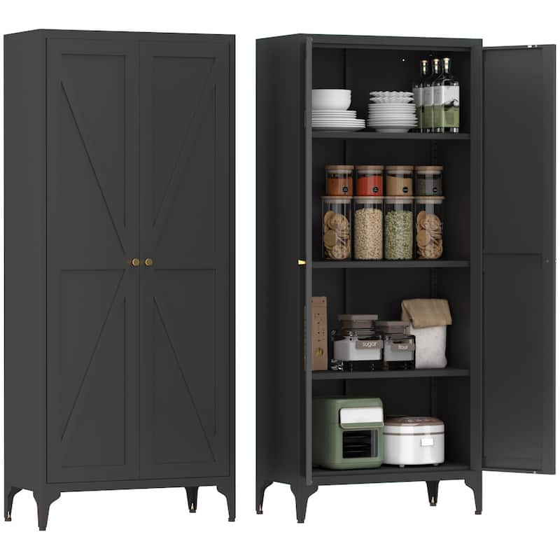 2 Doors Metal Storage Cabinet Kitchen Pantry Cabinet With Adjustable Shelves Tall Steel Cabinet Locker - Black