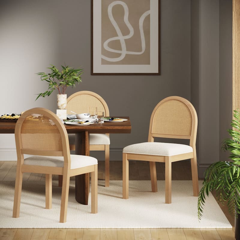 Bailey 19 in. Boucle Dining Chair, Upholstered Side Chair with Natural Woven Rattan Back and Solid Wood Legs