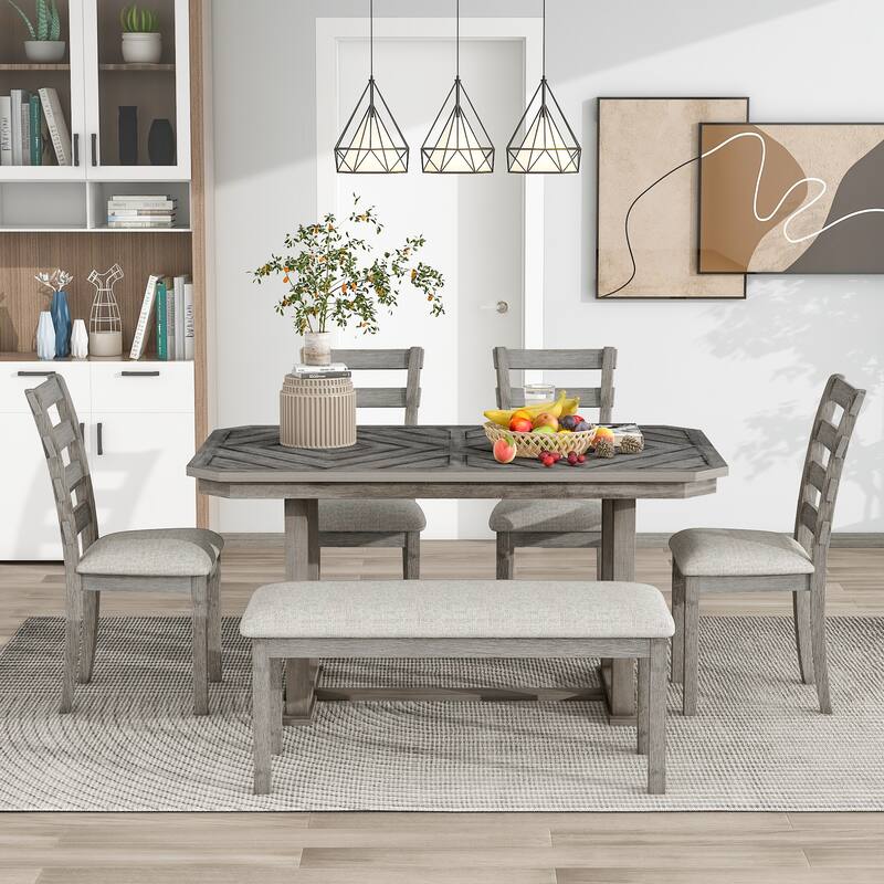 6-Piece Vintage Dining Set with Octagon Table & Bench