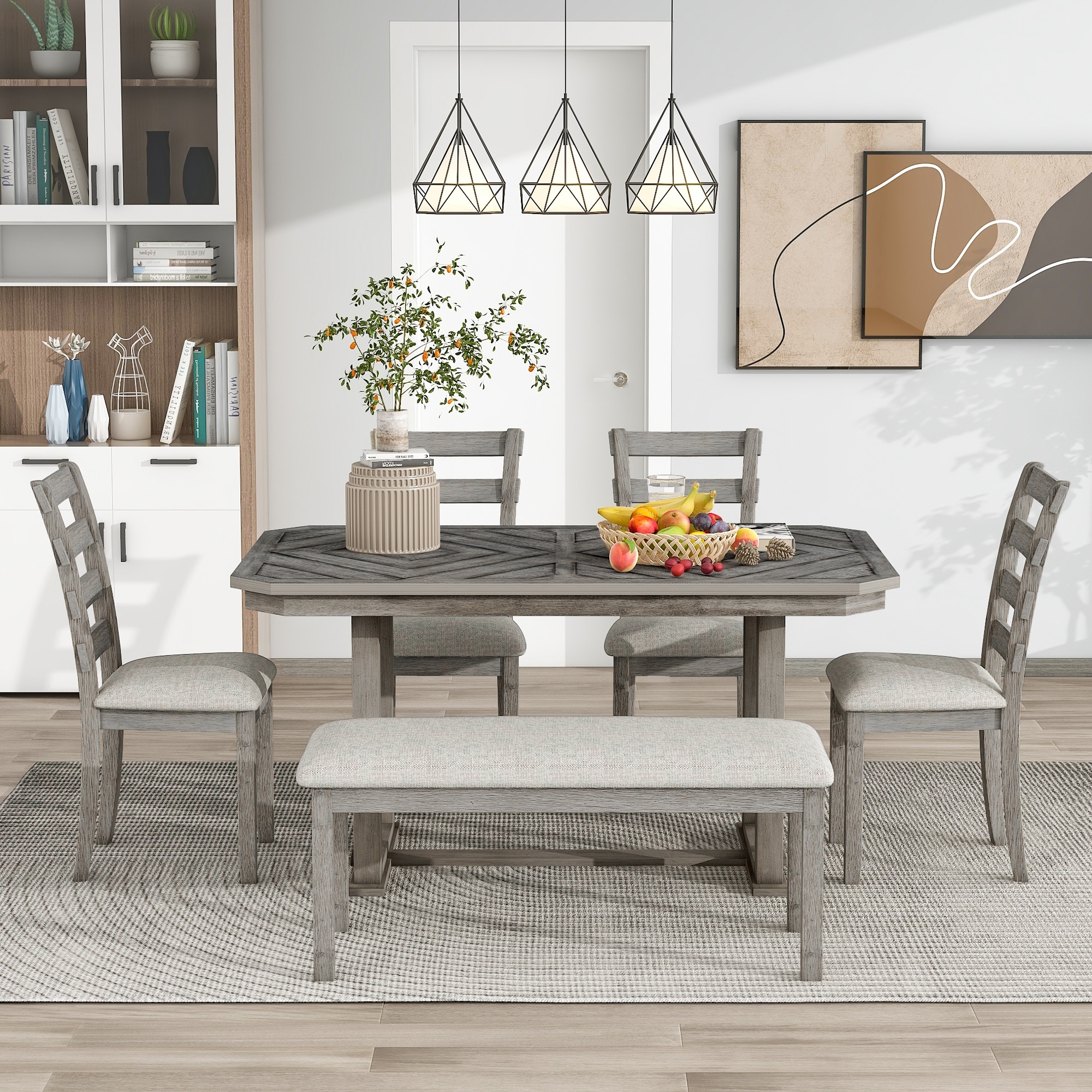 Classical Dining Room Table Set with Soft Cushion Chair Bench Gray