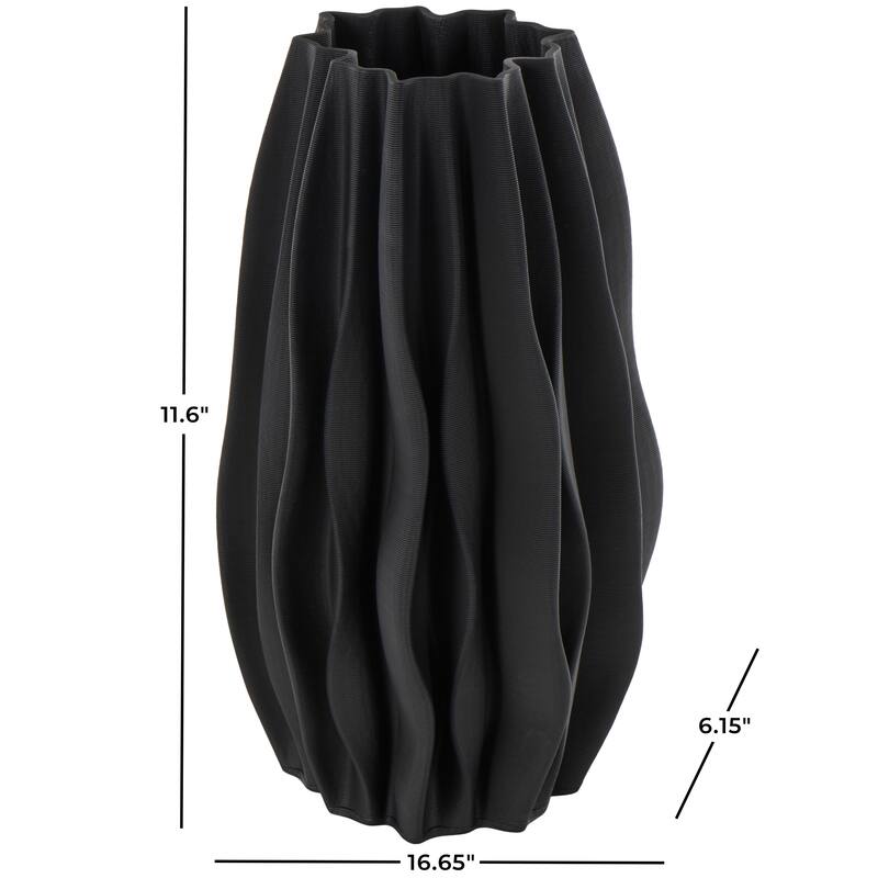 Black Ceramic Dimensional Wavy Ribbed Abstract Vase with Floral Shaped Rim