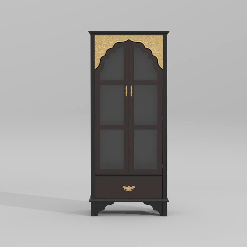 Boho Wood & MDF Display Cabinet with Tempered Glass Doors, Carved Arch Frame & Metal Handle Drawer
