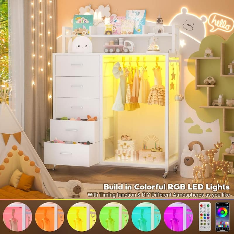 5 Drawers Dresser with Charging Station & LED Lights, Chest of Drawers with Hanging Rod ＆ Lockable Wheels ＆ Storage Shelves