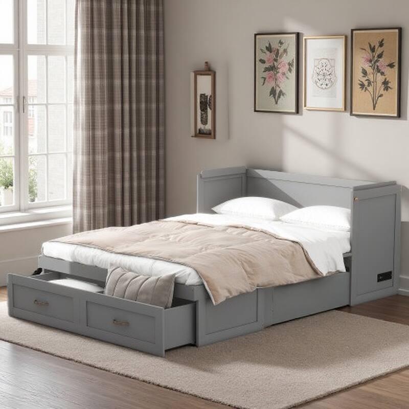 Queen Size Solid Wood Murphy Bed with USB Charging Ports, Large Storage Drawers, Metal Handles, Space-Saving Design - Full Gray - Full