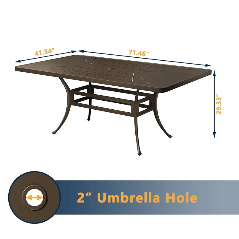 72" Cast Aluminum Rectangular Dining Table with Umbrella Hole