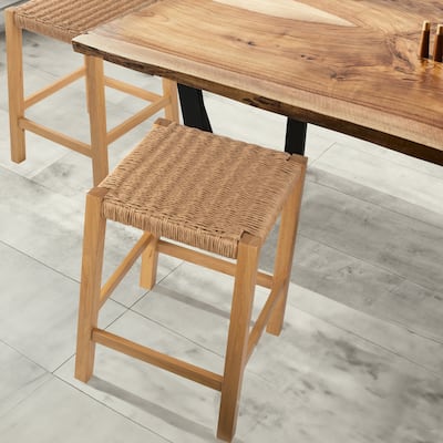 Newport 24"H Wood Counter Height Stool 24 with Handcrafted Woven Rope Seat, Natural