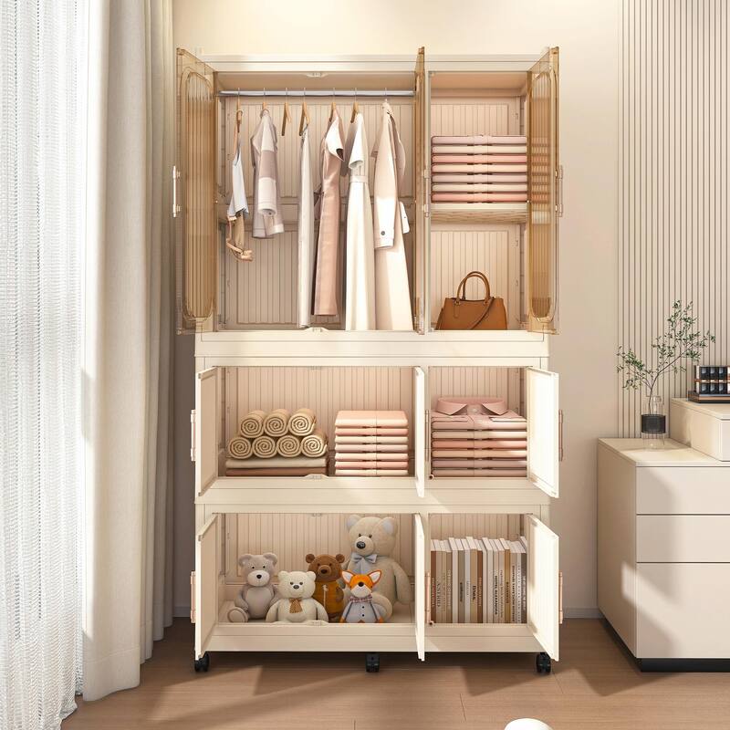 Portable Wardrobe Closet Storage Organizer - 9 Magnetic Doors, 9 Cubes & 1 Hanging Rod, Includes 6 Hangers - White