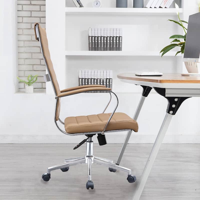Modern Tan High Back Office Chair Ribbed PU Leather Swivel Tilt Conference Room Computer Desk Cushion Seat Boss