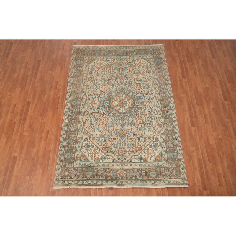 Hand Knotted Oriental 100% Wool Carpet Traditional Floral Peach Tabriz Area Rug - 9' 2'' X 6' 3''