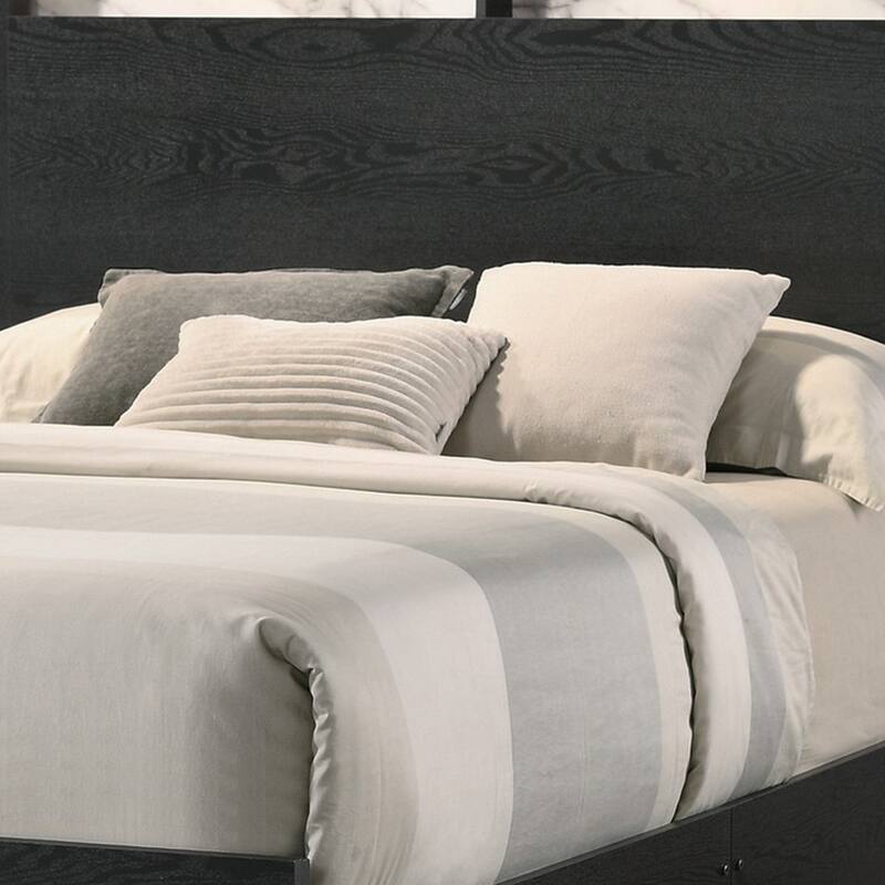 Yoh Queen Size Bed, Wood, Headboard with Lights and Shelves, Black