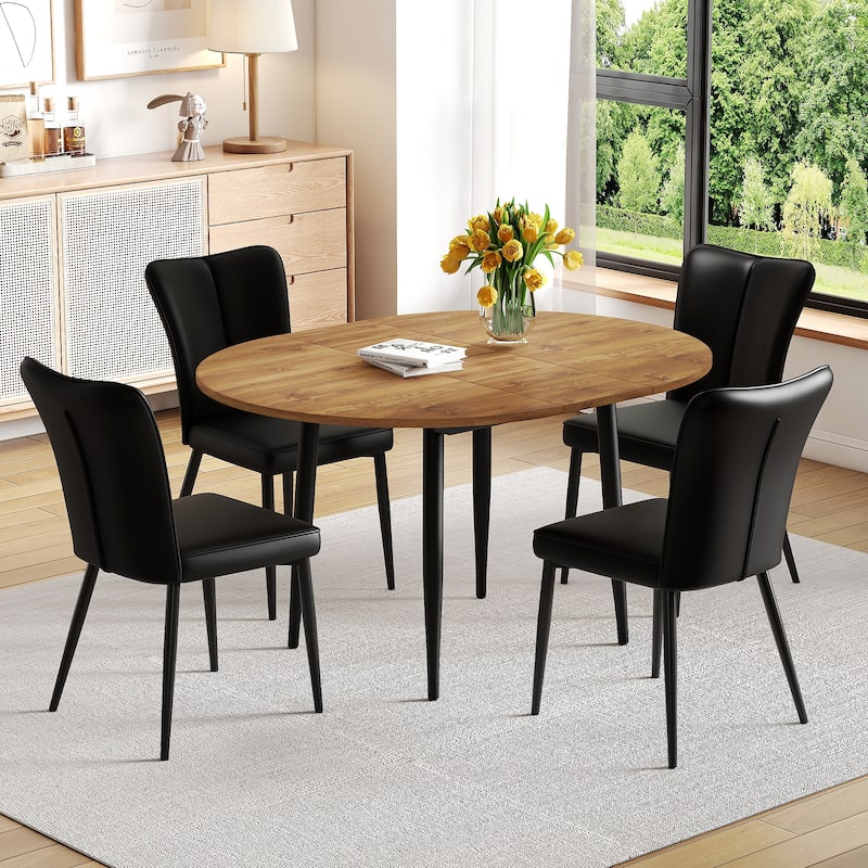 5-Piece Modern Extendable Dining Table Set, MDF Wood Table & 4 PU Chairs for Flexible Gatherings