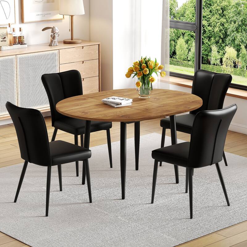 Modern Extendable Dining Table Set for 4/6 People with Faux Leather Chairs, 5 Piece/7 Piece Space-Saving Wood Dining Table Set