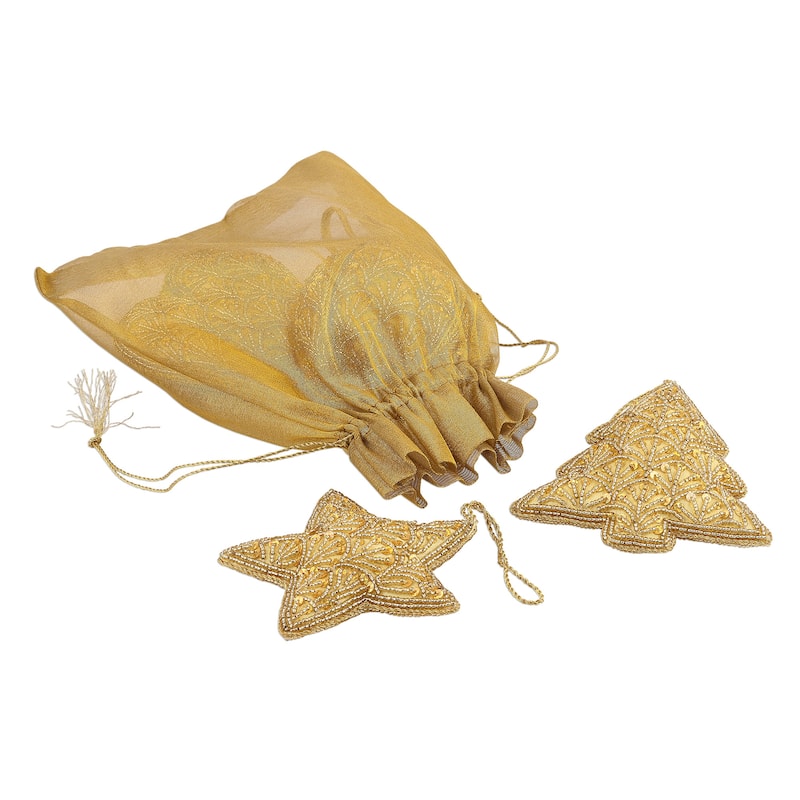 Novica Handmade Golden Christmas Beaded Satin Ornaments (Set Of 4)